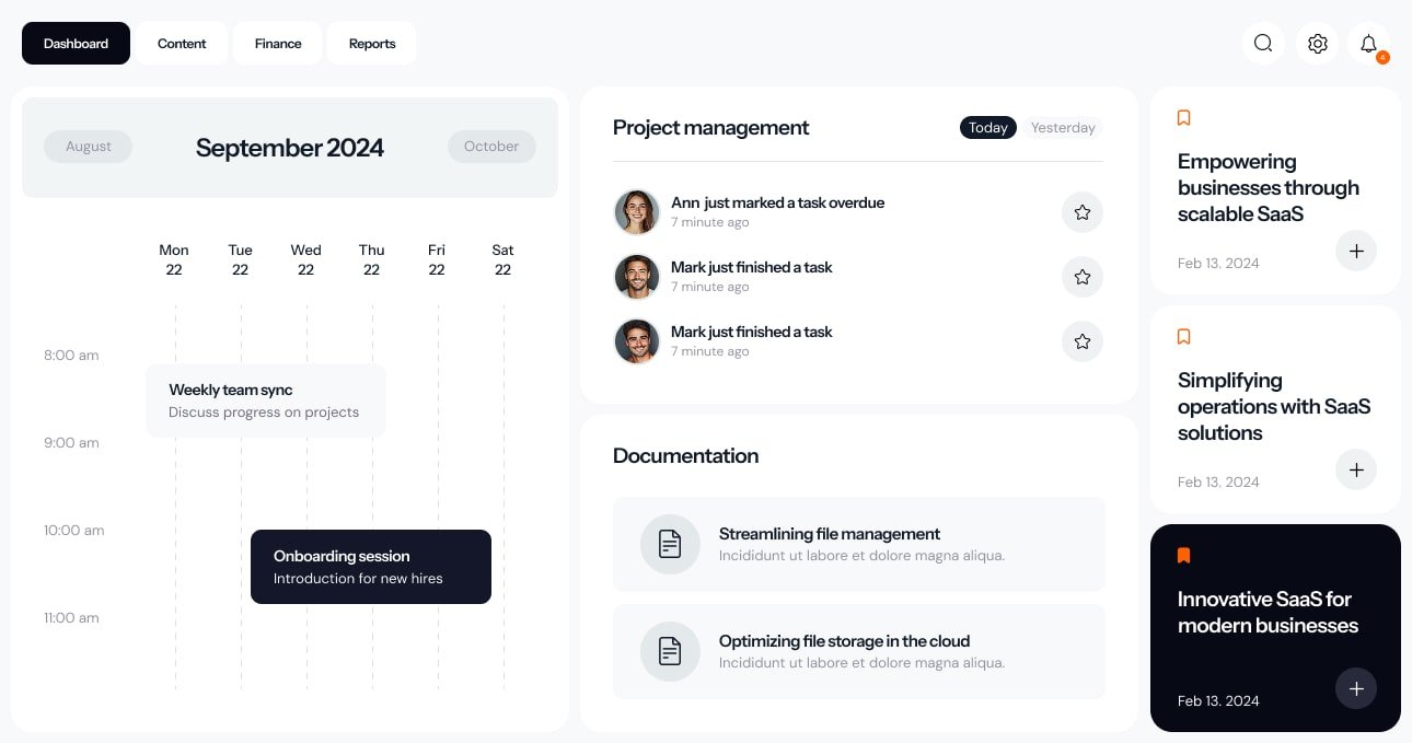 September 2024 project management dashboard with calendar, task updates, and documentation section for SaaS business solutions.