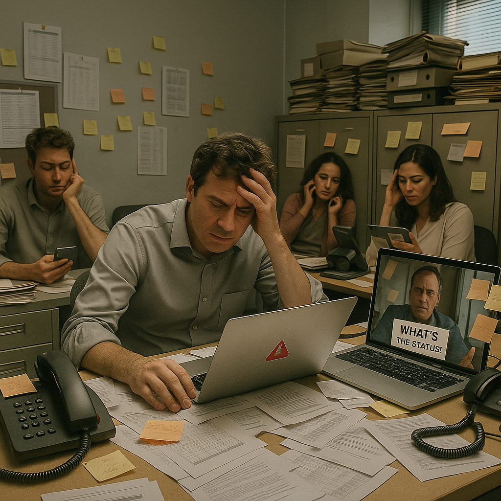 A stressed office worker surrounded by piles of paperwork and sticky notes, looking overwhelmed while sitting at a desk in a cluttered office environment.