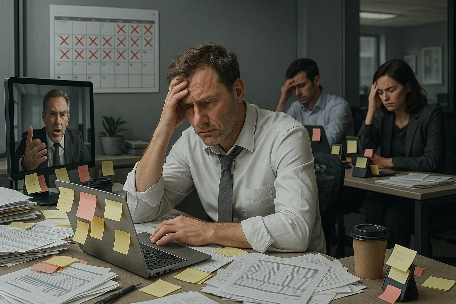 A frustrated office team member sitting at a desk with a laptop, looking stressed and dealing with a virtual call. Other team members are also visibly stressed with their phones and papers.