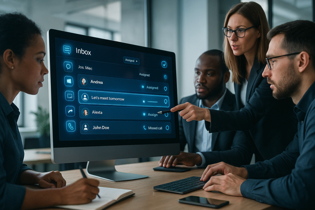 A business team collaborating on a centralized inbox system with AI-suggested replies and message assignments.