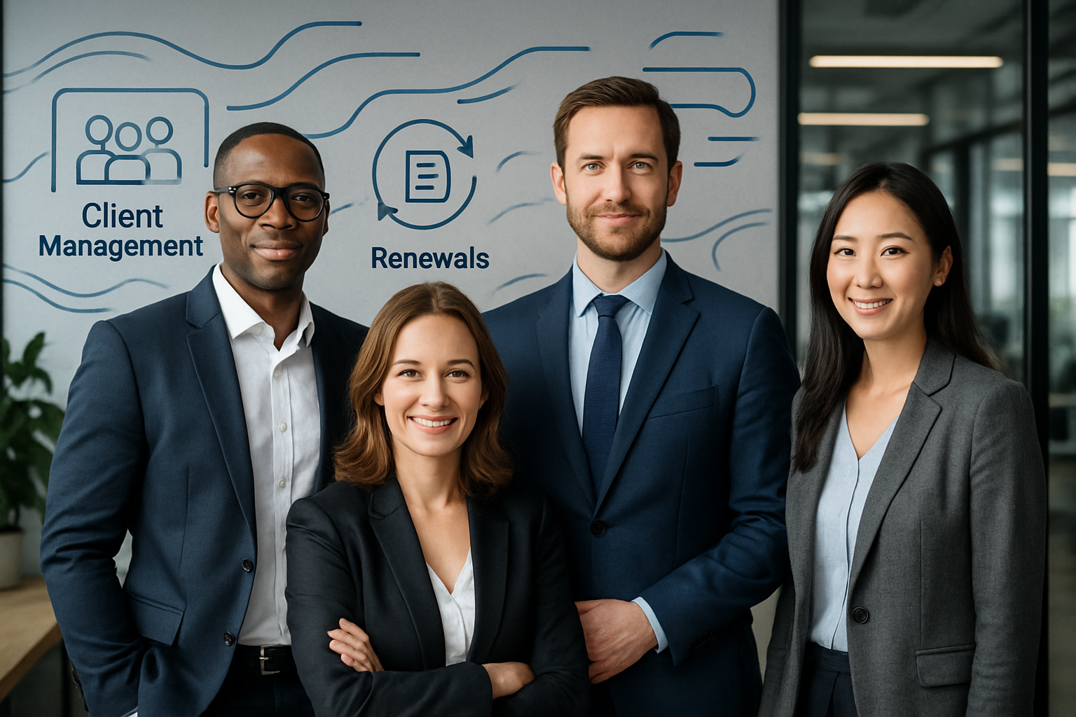 Business team standing together in front of a wall with icons representing client management and renewals.