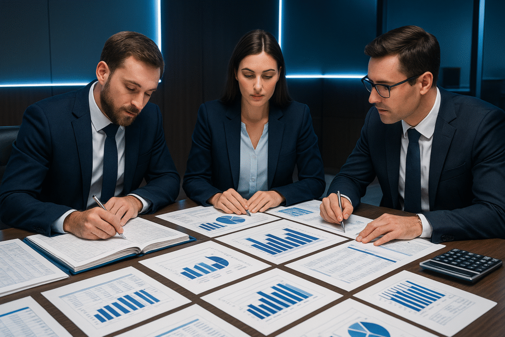 Business professionals analyzing data in a meeting room with charts and graphs.