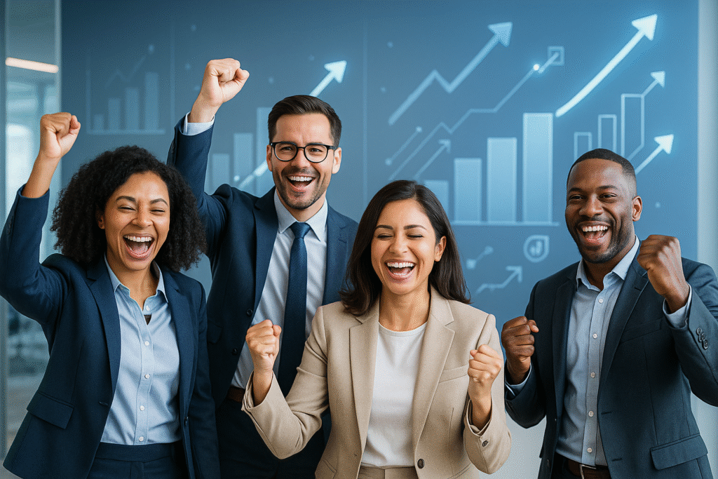 Group of diverse business professionals celebrating growth and success, with a background of business graphs and charts.