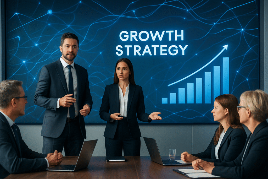 Business professionals discussing growth strategy during a meeting with a presentation on automation and data analysis.