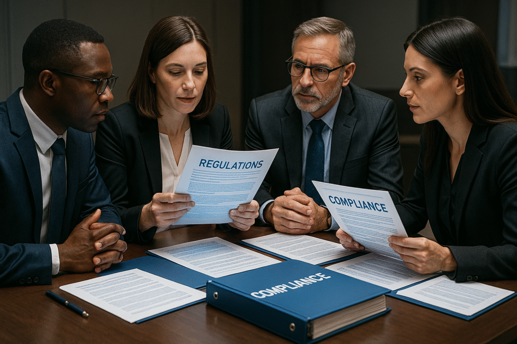 Four professionals in suits gathered around a table, reviewing documents labeled 'Regulations' and 'Compliance', with a large compliance binder in front of them.