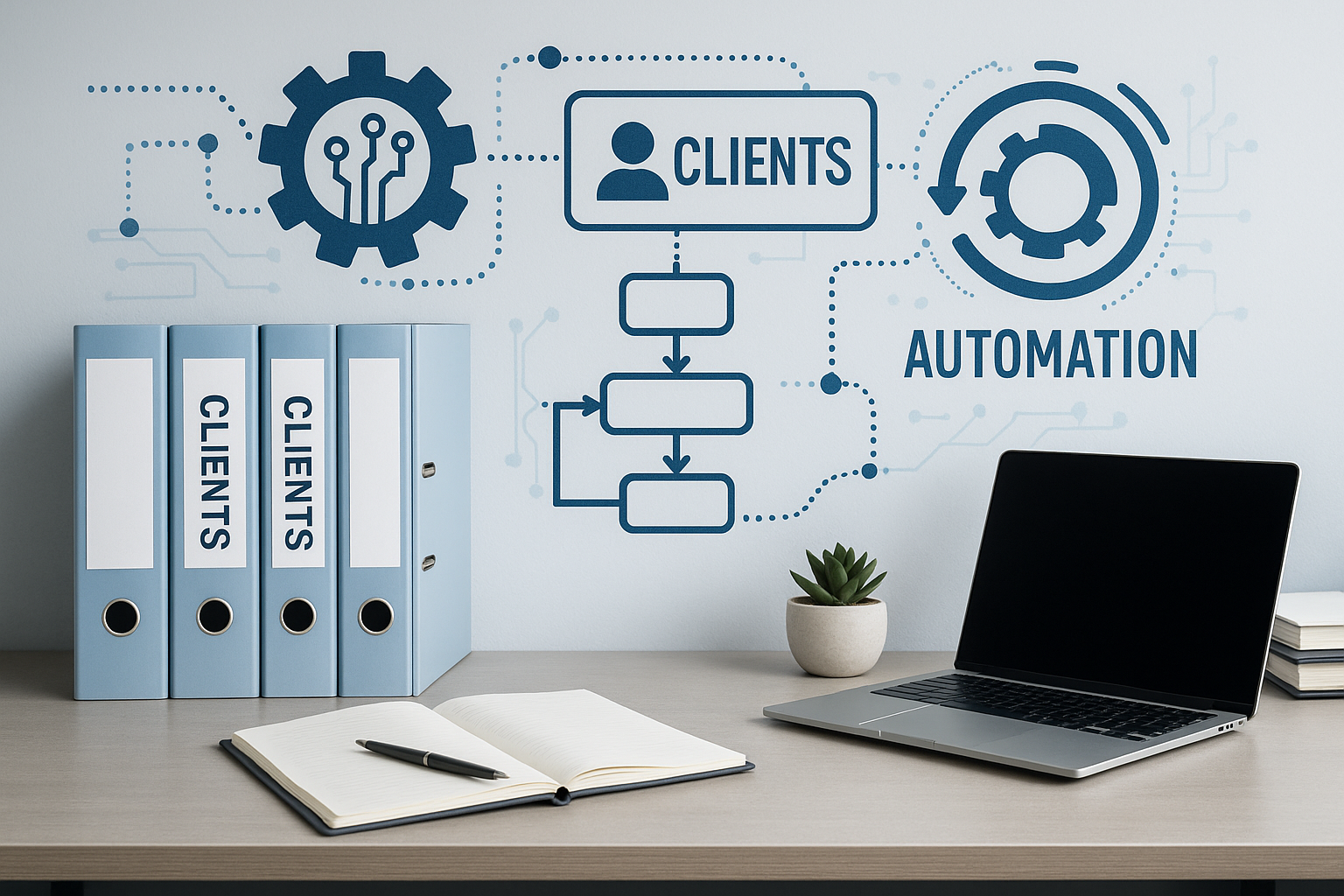 An organized workspace with binders labeled 'Clients', a laptop, and a wall graphic illustrating a flowchart linking clients and automation processes