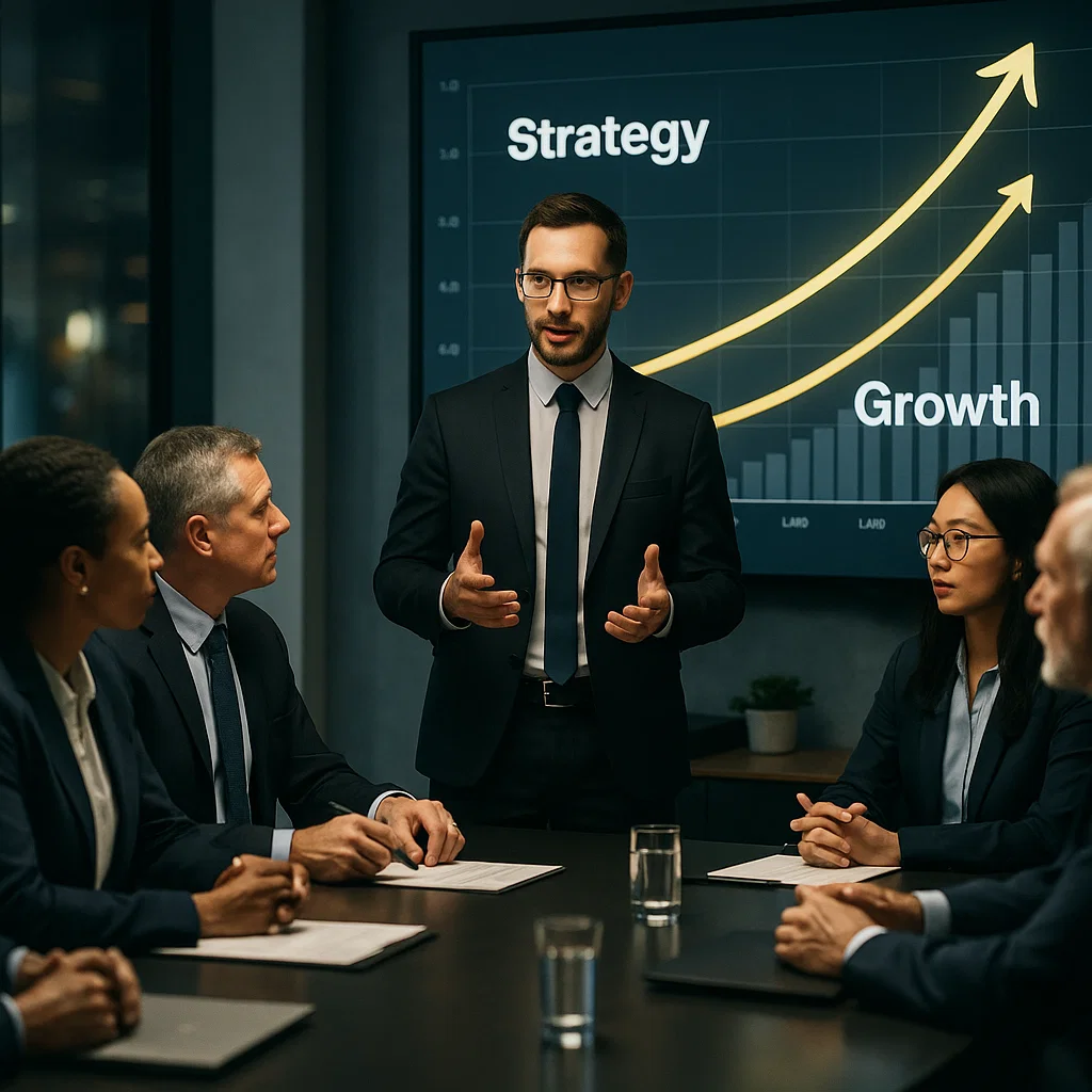 Business consultants presenting growth strategies to a corporate team