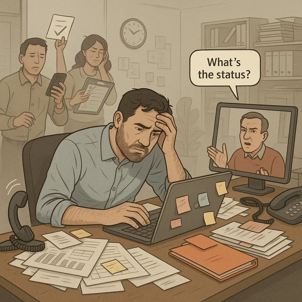 Stressed professional managing multiple tasks with papers and devices.