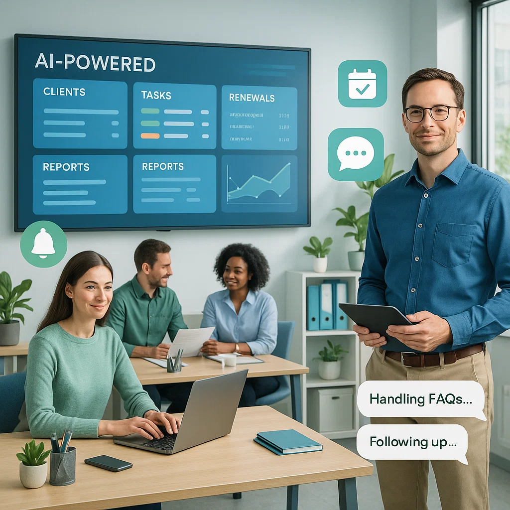 Team using AI-powered tools to manage tasks and client updates efficiently.